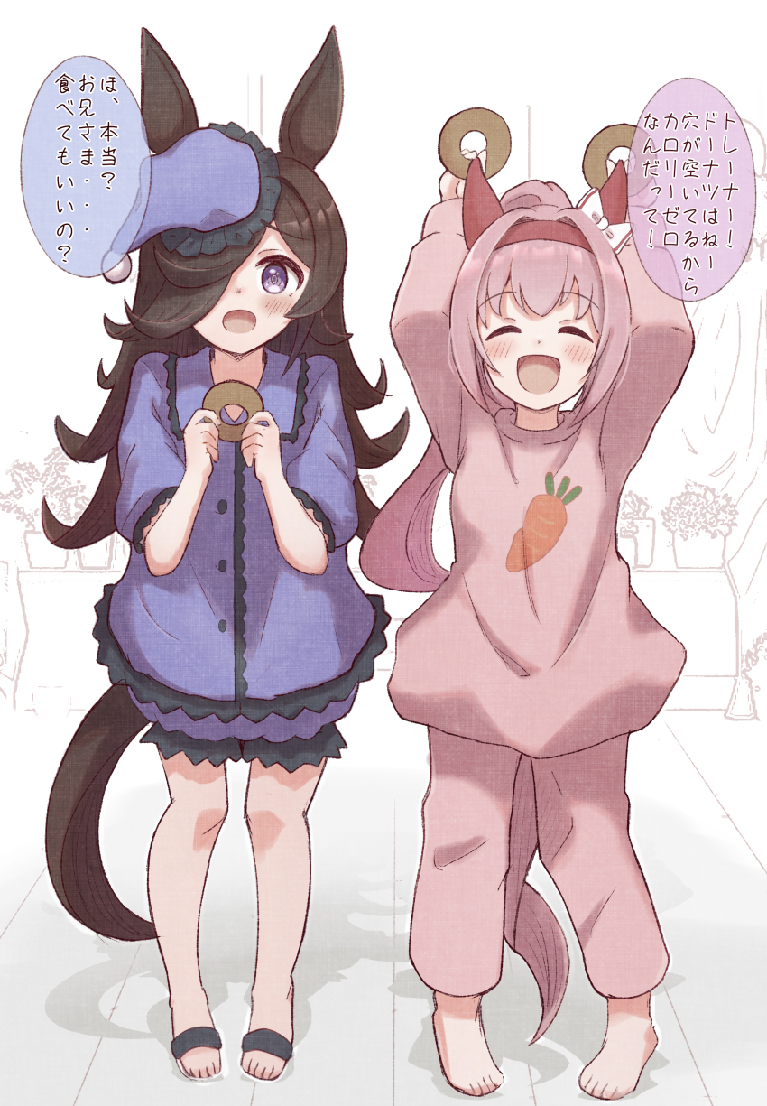 2girls, :d, ^_^, absurdres, animal_ears, arms_up, barefoot, blue_headwear