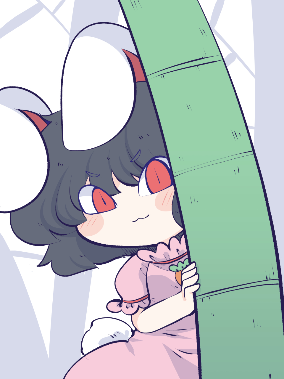 1girl, :3, animal_ears, bamboo, bamboo_forest, black_hair, blush, carrot_necklace