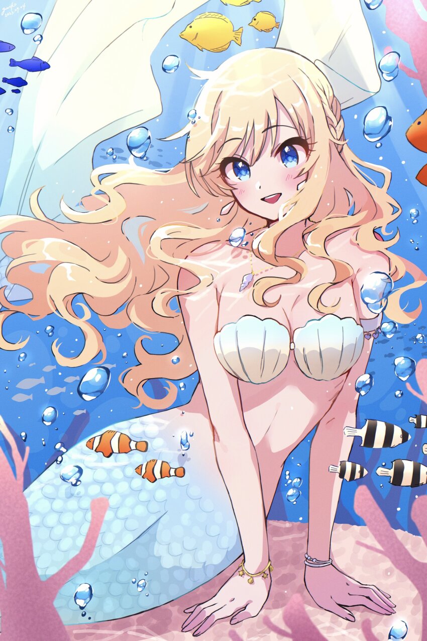 1girl, absurdres, air_bubble, armband, bikini, blonde_hair, blue_eyes, blush