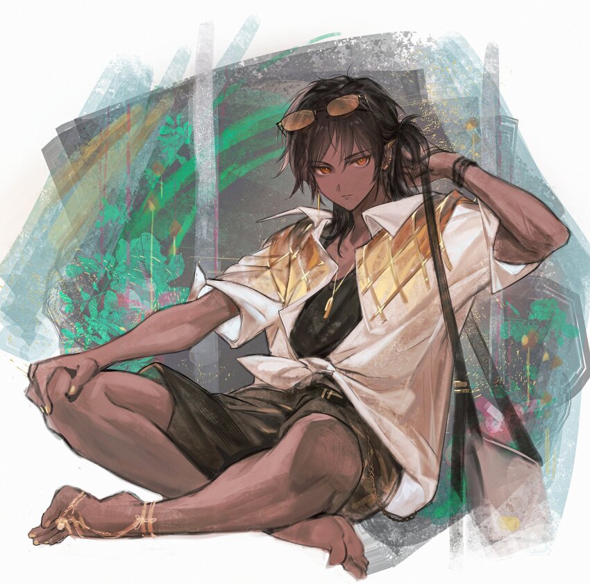 1boy, abstract_background, alternate_costume, arknights, arm_up, bag, barefoot, black_hair