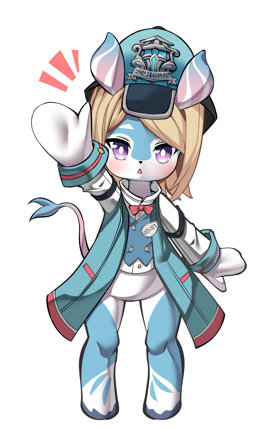 1girl, absurdres, akademiya_uniform, animal_ears, blonde_hair, blush, elze_(s01047480836), furry, furry_female, genshin_impact, gradient_horns, hair_between_eyes, hat, highres, horns, korean_commentary, long_sleeves, looking_at_viewer, melusine_(genshin_impact), multicolored_horns, open_mouth, short_hair, simple_background, solo, tail, waving, white_background