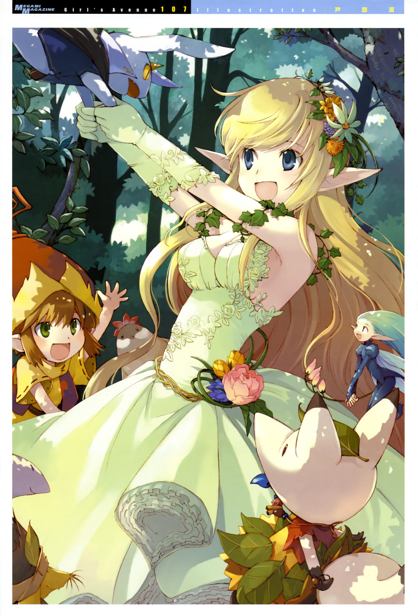 :d, absurdres, blonde_hair, blue_eyes, dress, elf, flower, girl's_avenue
