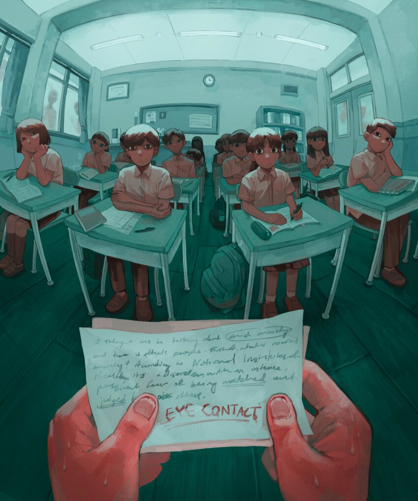 4others, 6+boys, 6+girls, absurdres, against_glass, backpack, bag, between_fingers, chair, child, classroom, clock, commentary, curtains, desk, english_commentary, english_text, glowing, glowing_eyes, hand_on_glass, head_rest, head_tilt, highres, holding, holding_paper, horror_(theme), indoors, kimsugi, low_ponytail, multiple_boys, multiple_girls, multiple_others, nervous, nervous_sweating, note, on_desk, original, paper, pleated_skirt, ponytail, pov, pov_hands, school, school_bag, school_chair, school_desk, school_uniform, sitting, skirt, sweat, unworn_backpack, unworn_bag, wooden_floor
