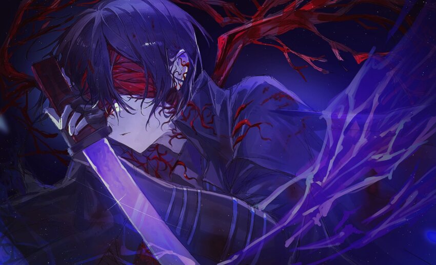 1boy, black_gloves, black_hair, blindfold, blood, blue_cape, cape, closed_mouth