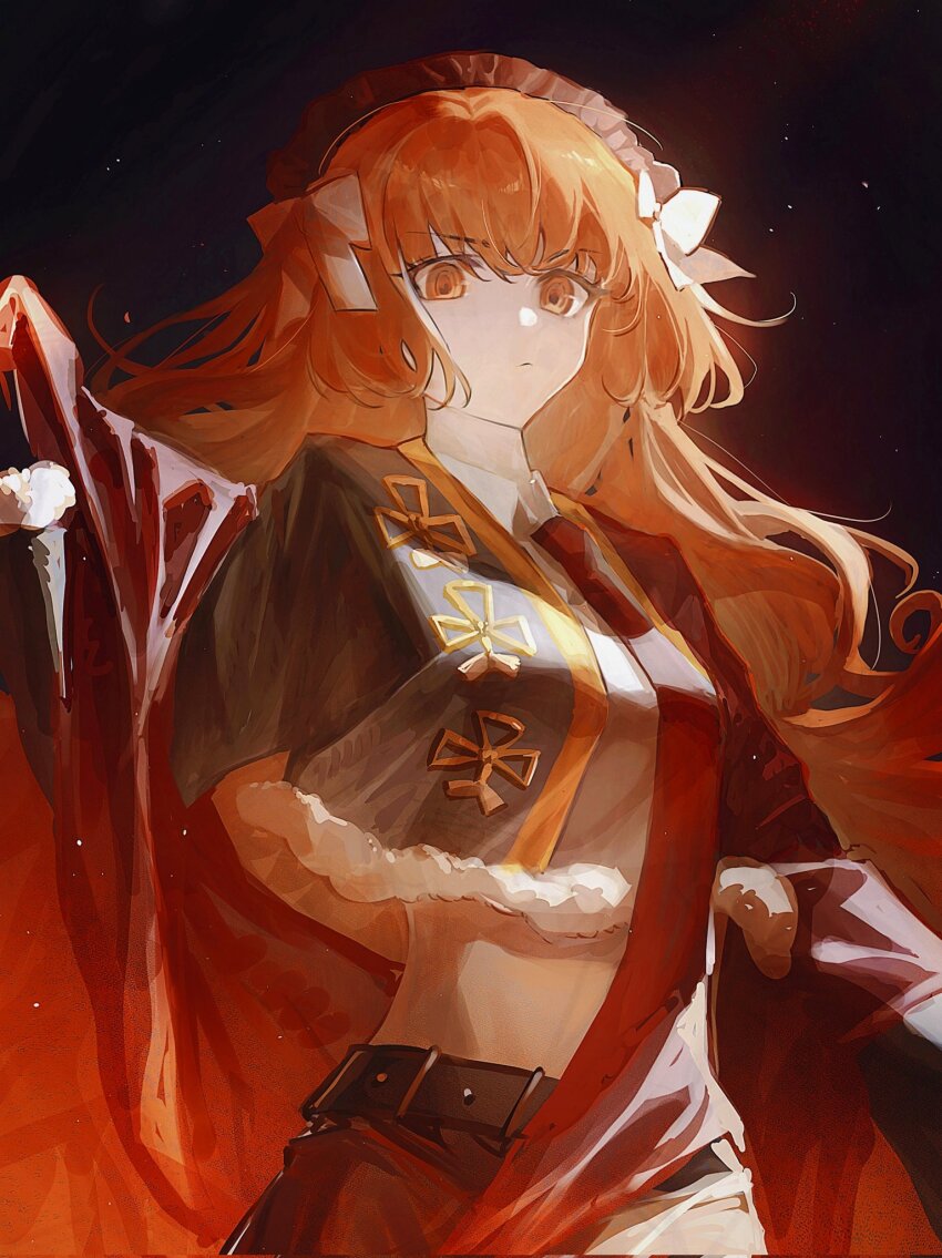 1girl, black_jacket, black_pants, bow, brown_hairband, cape, capote_(e.g.o), closed_mouth