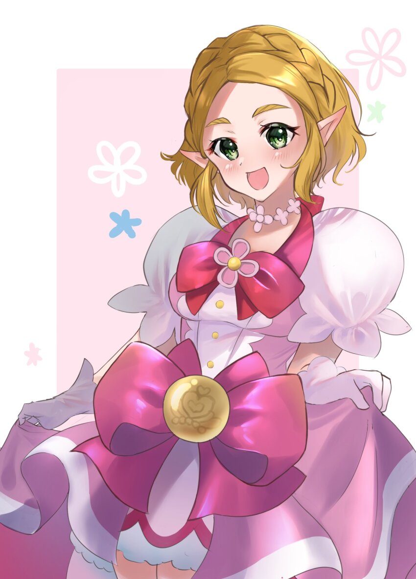 1girl, :d, blonde_hair, blush, choker, commentary_request, cosplay, cure_flora, cure_flora_(cosplay), dress, eyelashes, flower_choker, gloves, go!_princess_precure, green_eyes, happy, highres, looking_at_viewer, minccino7, nintendo, open_mouth, pink_dress, pointy_ears, precure, princess_zelda, puffy_short_sleeves, puffy_sleeves, shimamura_yuu, short_hair, short_sleeves, smile, solo, standing, the_legend_of_zelda, voice_actor_connection