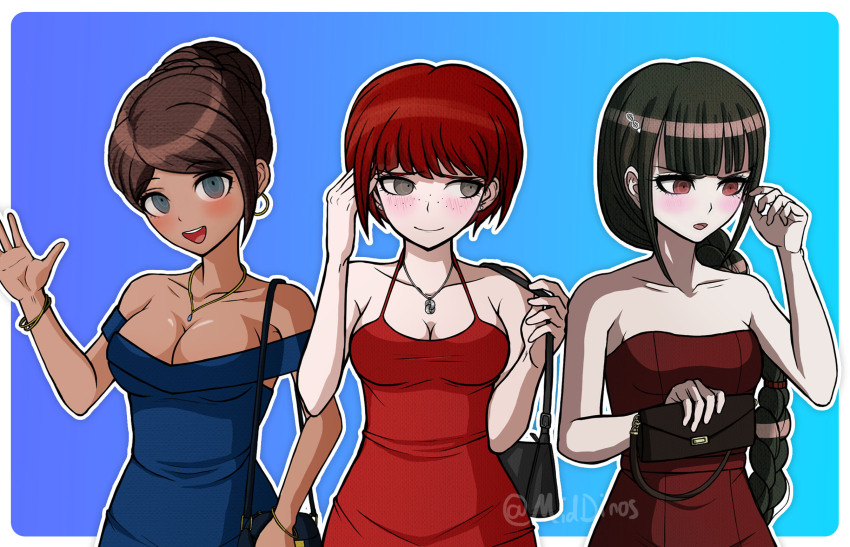 3girls, a_beautiful_man_(middinos), alternate_costume, asahina_aoi, bag, blush, border, bracelet, breasts, brown_hair, cleavage, collarbone, danganronpa:_trigger_happy_havoc, danganronpa_(series), danganronpa_2:_goodbye_despair, danganronpa_v3:_killing_harmony, dark-skinned_female, dark_skin, dress, earrings, freckles, hair_ornament, hairclip, hand_up, handbag, harukawa_maki, highres, holding, holding_bag, hoop_earrings, jewelry, koizumi_mahiru, large_breasts, long_hair, medium_breasts, multiple_girls, necklace, off-shoulder_dress, off_shoulder, red_dress, red_hair, short_hair, sideways_glance, smile, standing, upper_body, white_border