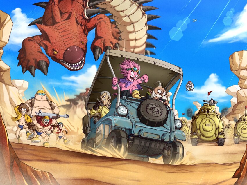 6+boys, backpack, bag, beard, beelzebub_(sand_land), bird, black_gloves, black_nails, black_shorts, blue_male_underwear, boots, bracelet, brown_gloves, brown_headwear, cape, carrying, chasing, cigarette, clenched_hand, cliff, cloud, colored_skin, demon_boy, desert, driving, facial_hair, fat, fat_man, father_and_child, father_and_son, fleeing, formal_clothes, gloves, goggles, goggles_on_eyes, goggles_on_head, grey_hair, grey_suit, hat, highres, holding, holding_cigarette, holding_on, horns, jacket, jewelry, machine, male_focus, male_swimwear, male_underwear, military_vehicle, monster, motor_vehicle, multiple_boys, muscular, muscular_male, mustache, necktie, official_style, old, old_man, open_mouth, parent_and_child, pink_skin, pointy_ears, purple_cape, rao_(sand_land), red_cape, red_flag, red_necktie, rock, sand_land, shorts, skinny, smoke, smoking, suit, sweater, swim_briefs, tail, tank, thief_(sand_land), underwear, vehicle_chase, wai_(y48754085), yellow_footwear, yellow_headwear, yellow_jacket, yellow_sweater