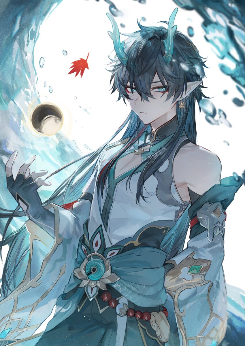 1boy, bare_shoulders, black_gloves, black_hair, chinese_clothes, dan_heng_(honkai:_star_rail), dan_heng_(imbibitor_lunae)_(honkai:_star_rail), detached_sleeves, dragon, dragon_boy, dragon_horns, earrings, eastern_dragon_horns, elbow_gloves, expressionless, eyeliner, fingerless_gloves, gloves, green_eyes, green_horns, grey_shirt, hair_between_eyes, highres, honkai:_star_rail, honkai_(series), horns, jade_(gemstone), jewelry, long_hair, long_sleeves, looking_at_viewer, makeup, male_focus, moon, pointy_ears, red_eyeliner, shirt, single_earring, solo, three-quarter_sleeves, traditional_greek_clothes, water, white_sleeves, zaso