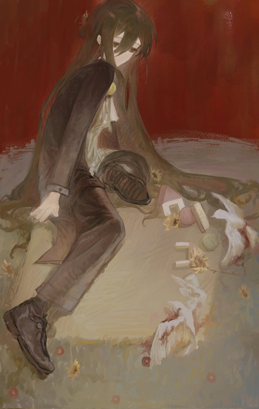 1boy, bird, black_jacket, black_pants, black_shoes, brown_eyes, dead_animal, dove