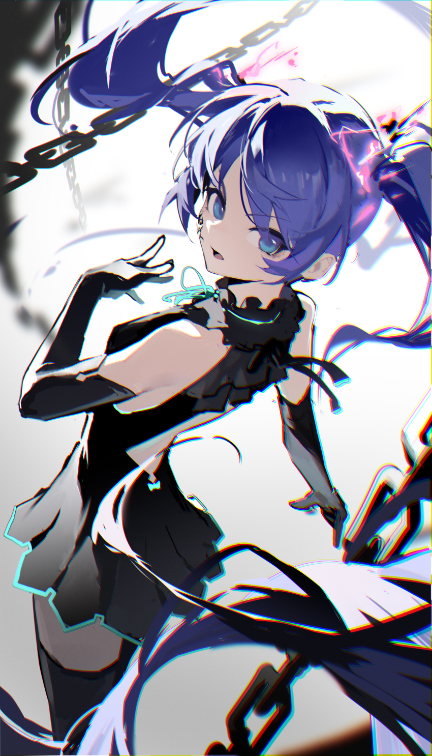 1girl, absurdres, back_cutout, black_dress, black_gloves, black_thighhighs, blue_eyes, blue_hair