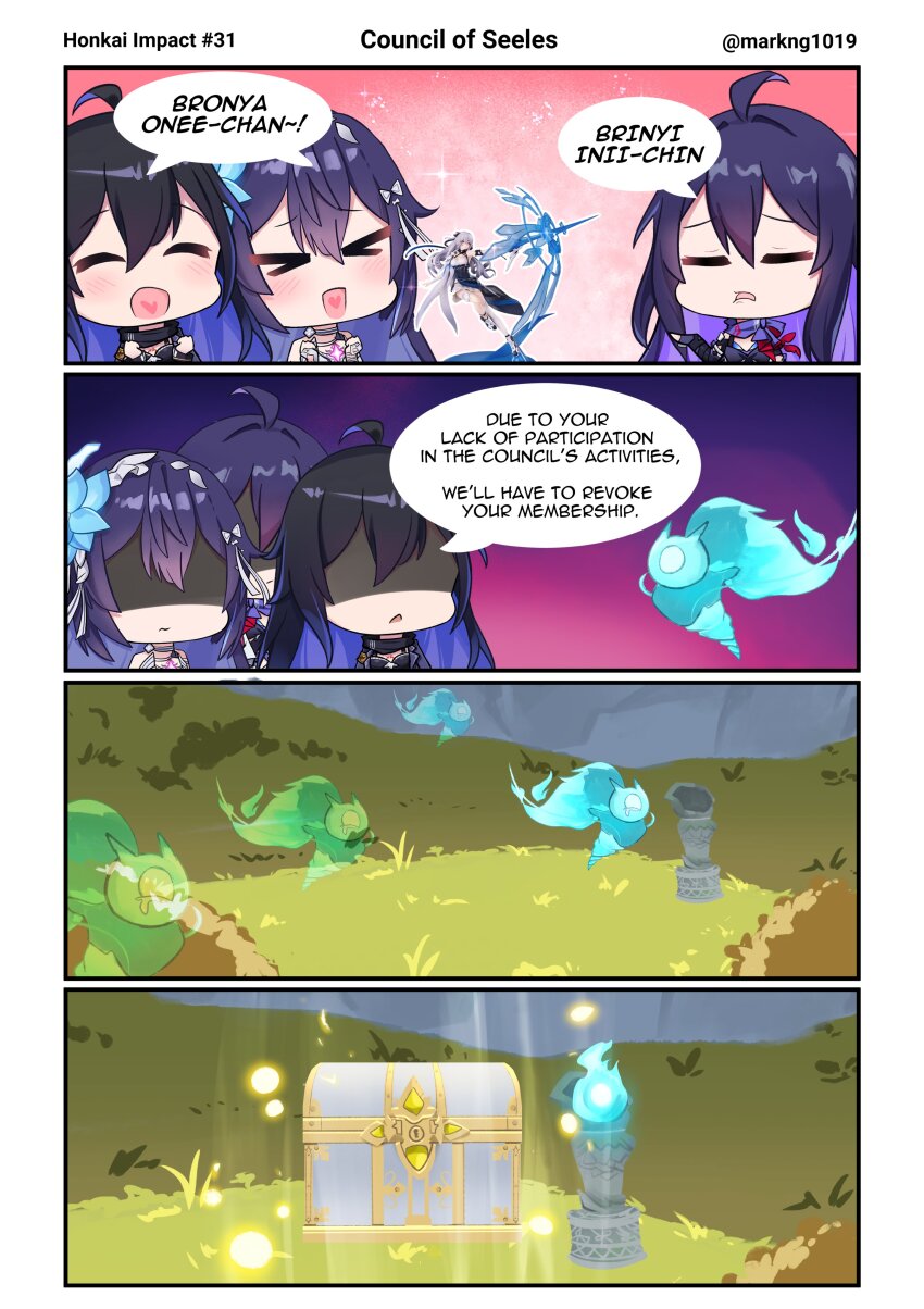 >_<, ^_^, absurdres, action_figure, ahoge, armband, bad_id, bad_twitter_id, honkai_gakuen, blonde_hair, blue_scarf, bronya_zaychik, bronya_zaychik_(silverwing:_n-ex), chibi, closed_eyes, closed_mouth, colored_inner_hair, company_connection, english_text, flower, furrowed_brow, genshin_impact, grass, hair_flower, hair_ornament, heart, heart_in_mouth, highres, honkai:_star_rail, honkai_(series), honkai_impact_3rd, long_hair, mark1019, merchandise, multicolored_hair, multiple_girls, no_eyes, open_mouth, red_armband, scarf, seele_(honkai:_star_rail), seele_vollerei, seele_vollerei_(fire_moth), seele_vollerei_(herrscher_of_rebirth), seelie_(genshin_impact), treasure_chest, upper_body