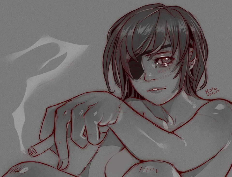 1girl, black_hair, chainsaw_man, cigarette, eyepatch, himeno_(chainsaw_man), kola411, monochrome