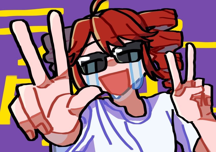 1girl, ahoge, alternate_costume, closed_mouth, commentary_request, crying, drill_hair, facing_viewer, hand_up, happy_tears, highres, kasane_teto, liar_dancer_(synthesizer_v), ogura_tsutsumi, open_mouth, outstretched_arm, purple_background, red_hair, shirt, short_sleeves, smile, solo, streaming_tears, sunglasses, t-shirt, tears, text_background, twin_drills, upper_body, utau, v, w, white_shirt