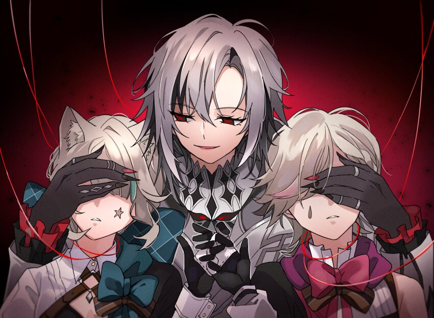 1boy, 2girls, animal_ear_fluff, animal_ears, arlecchino_(genshin_impact), black_gloves, black_hair, bow