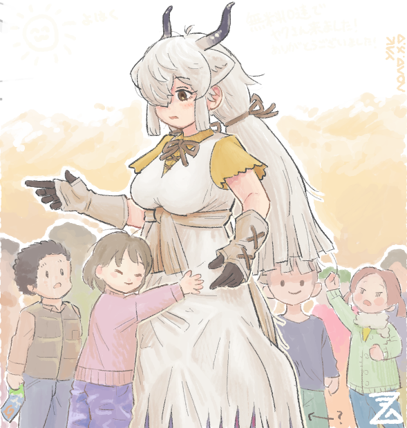 animal_ears, black_horns, blush, bow, bowtie, breasts, brown_bow, brown_bowtie, brown_eyes, brown_ribbon, child, dress, extra_ears, gloves, grey_horns, hair_over_one_eye, horns, hug, imnim_leef, kemono_friends, kemono_friends_3, large_breasts, long_hair, multicolored_horns, cow_ears, cow_girl, cow_horns, cow_tail, ribbon, shirt, short_sleeves, smile, twintails, very_long_hair, white_hair, yak_(kemono_friends), yellow_shirt