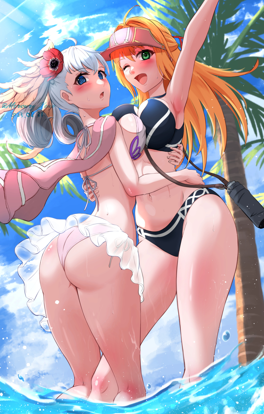 2girls, absurdres, arm_up, artist_name, ass, bikini, blonde_hair, blue_eyes