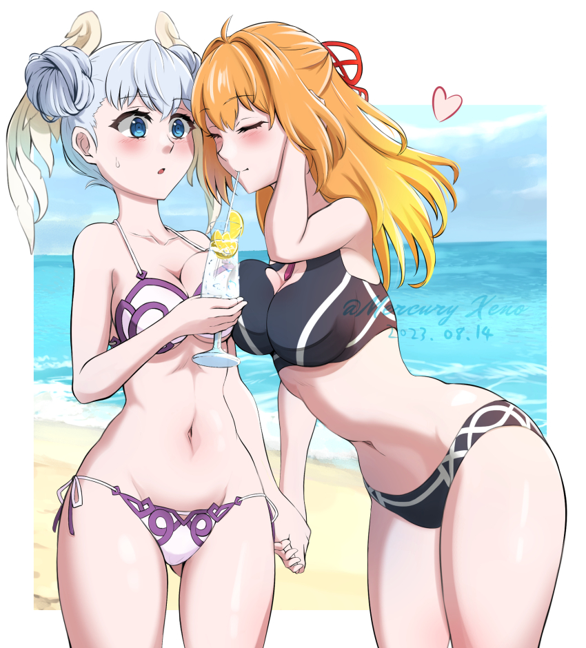 2girls, artist_name, beach, bikini, blonde_hair, blue_eyes, blush, breast_press