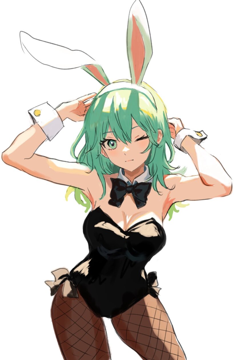 1girl, alternate_costume, animal_ears, armpits, bare_shoulders, black_bow, black_bowtie, black_leotard, bow, bowtie, breasts, brown_pantyhose, female_byleth_(awakened)_(fire_emblem), female_byleth_(fire_emblem), cleavage, closed_mouth, commentary_request, detached_collar, fake_animal_ears, fire_emblem, fire_emblem:_three_houses, fishnet_pantyhose, fishnets, green_eyes, green_hair, hair_between_eyes, highres, large_breasts, leotard, long_hair, nintendo, one_eye_closed, pantyhose, playboy_bunny, rabbit_ears, simple_background, solo, strapless, strapless_leotard, white_background, yuurururun