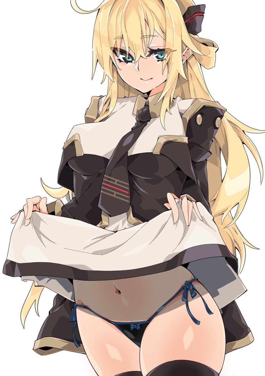 1girl, black_necktie, black_panties, blonde_hair, breasts, clothes_lift, collared_dress, cowboy_shot