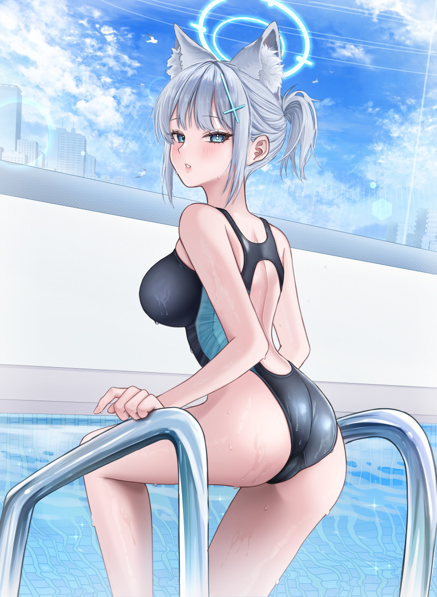 1girl, absurdres, animal_ear_fluff, animal_ears, ass, black_one-piece_swimsuit, blue_archive, blue_eyes