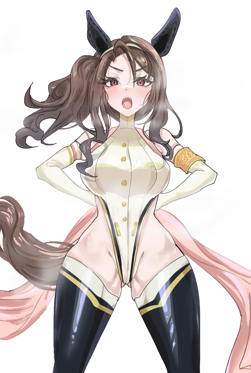 1girl, absurdres, adapted_costume, animal_ears, black_thighhighs, brown_hair, buttons, cowboy_shot, detached_sleeves, ear_covers, hairband, highleg, highleg_leotard, highres, horse_ears, horse_girl, horse_tail, king_halo_(noble_white_cheer_attire)_(umamusume), king_halo_(umamusume), leotard, red_eyes, side_ponytail, sizhe, solo, steam, tail, thighhighs, thighs, umamusume, wavy_hair, white_background, white_hairband