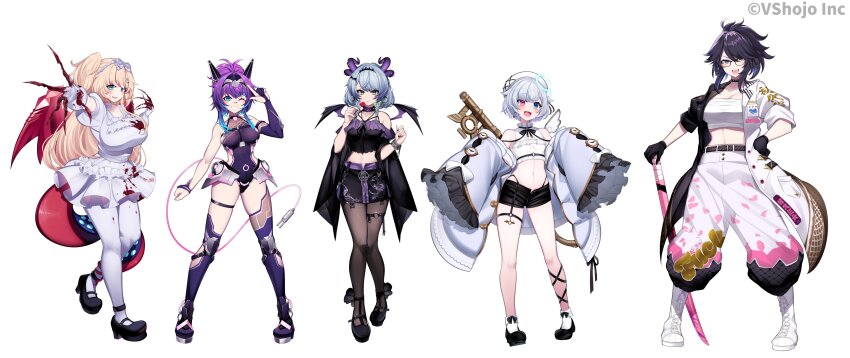 5girls, absurdres, akagi_(sk0127aho), amemiya_nazuna, apricot_the_lich, apricot_the_lich_(froot_2.0), blonde_hair, blood, blood_on_clothes, blood_on_gloves, blood_on_hands, blue_eyes, boots, bracelet, breasts, cable, candy, chest_sarashi, choker, claws, commentary, copyright_name, demon_girl, demon_horns, demon_wings, earrings, electric_plug, electric_plug_tail, english_commentary, food, full_body, glasses, gloves, green_eyes, grey_hair, hair_between_eyes, hat, heart, heterochromia, high_heels, highres, hime_hajime, hime_hajime_(2nd_costume), horns, jewelry, kson, large_breasts, leotard, lollipop, long_hair, looking_at_viewer, medium_breasts, melody_(projektmelody), melody_(projektmelody)_(cybermel), midriff, miniskirt, mole, mole_under_eye, multiple_girls, navel, necklace, one_eye_closed, open_mouth, pantyhose, pink_eyes, pointy_ears, ponytail, power_symbol, purple_hair, sarashi, short_hair, short_sleeves, shorts, skirt, souchou, standing, tail, teeth, thigh_strap, thighhighs, tongue, virtual_youtuber, vshojo, wings