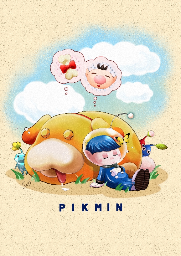 1boy, aliasing, alien, black_eyes, blue_hair, blue_jumpsuit, blue_pikmin, blue_skin