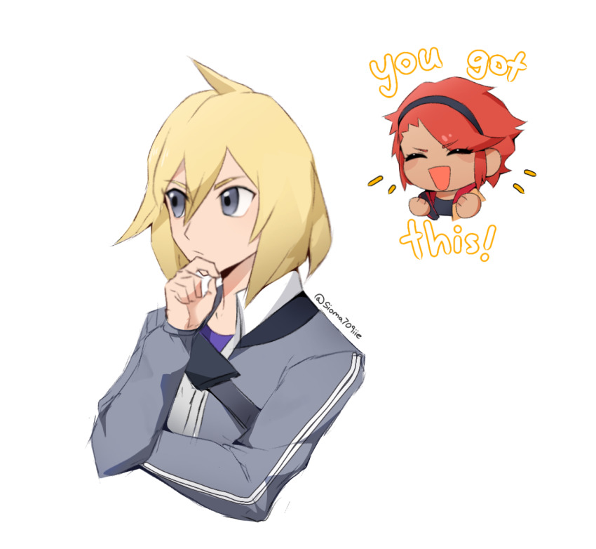 1boy, 1girl, blonde_hair, cheering, closed_eyes, dark-skinned_female, dark_skin, english_text