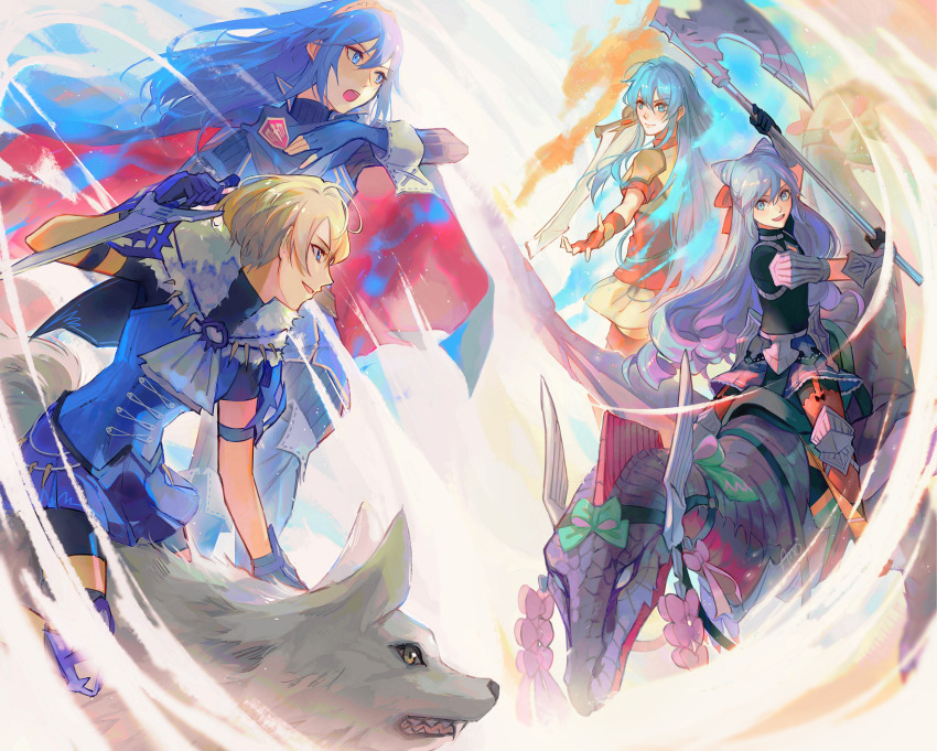 1boy, 3girls, :d, anocurry, armor, axe, black_shirt, blonde_hair, blue_eyes, blue_gloves, blue_hair, blue_vest, bow, capelet, commentary, cone_hair_bun, dagger, dragon, eirika_(fire_emblem), emblem_(fire_emblem_engage), fire_emblem, fire_emblem:_the_sacred_stones, fire_emblem_awakening, fire_emblem_engage, gloves, hair_bow, hair_bun, highres, holding, holding_axe, holding_dagger, holding_knife, holding_weapon, knife, long_hair, lucina_(fire_emblem), merrin_(fire_emblem), multiple_girls, nintendo, open_mouth, pauldrons, red_bow, red_shirt, reverse_grip, riding, rosado_(fire_emblem), shirt, short_hair, short_sleeves, shoulder_armor, sieglinde_(sword), smile, trap, very_long_hair, vest, weapon, wolf