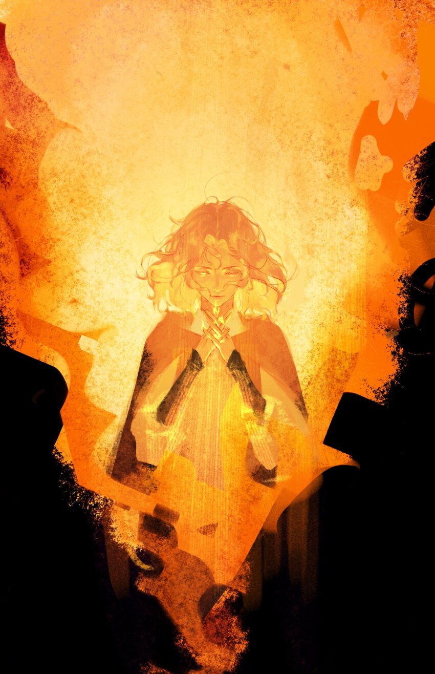 1girl, black_background, burning, cloak, elden_ring, facial_tattoo, fire, highres