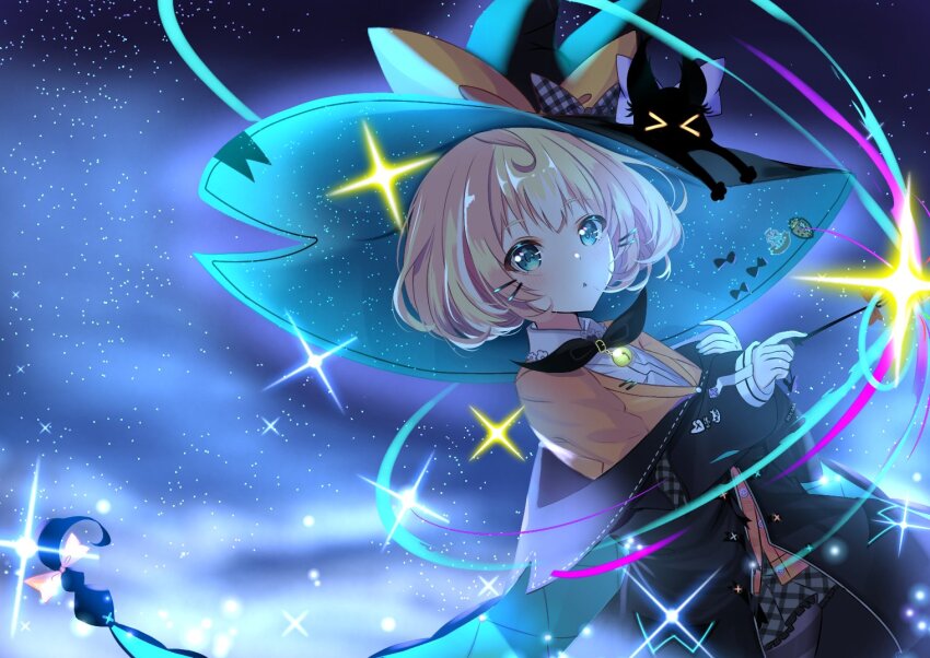 1girl, :o, bell, black_hat, black_jacket, black_ribbon, black_skirt, bow