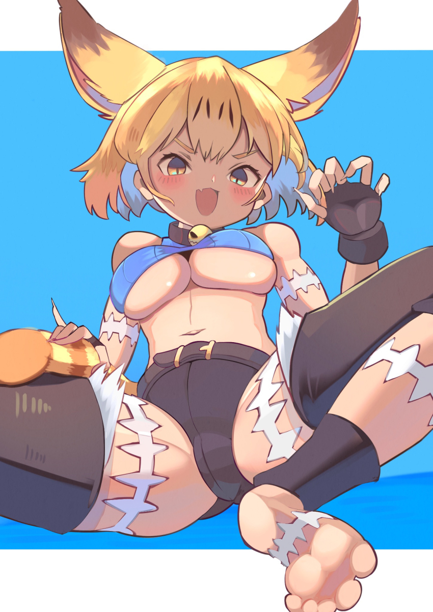 1girl, :d, animal_ears, bare_shoulders, barefoot, belt, black_belt, black_choker
