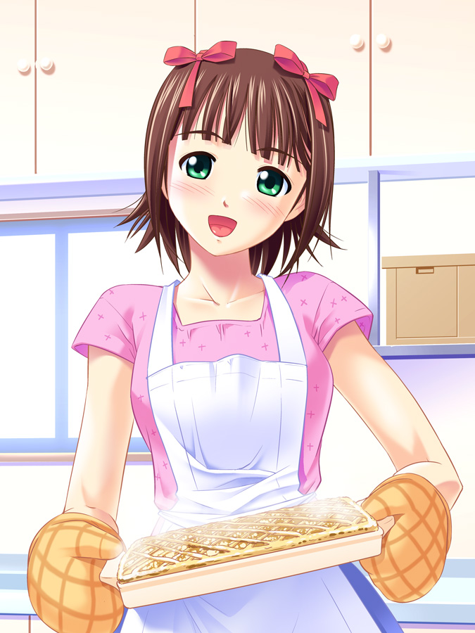 1girl, amami_haruka, blush, brown_hair, cake, cooking, female_focus, food, green_eyes, hair_ribbon, idolmaster, idolmaster_(classic), jiyuuyuu, looking_at_viewer, open_mouth, oven_mitts, pot_holders, ribbon, short_hair, smile, solo, tray