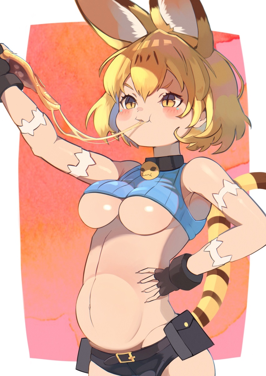 1girl, :3, animal_ears, arm_up, bare_shoulders, belt, belt_pouch, big_belly