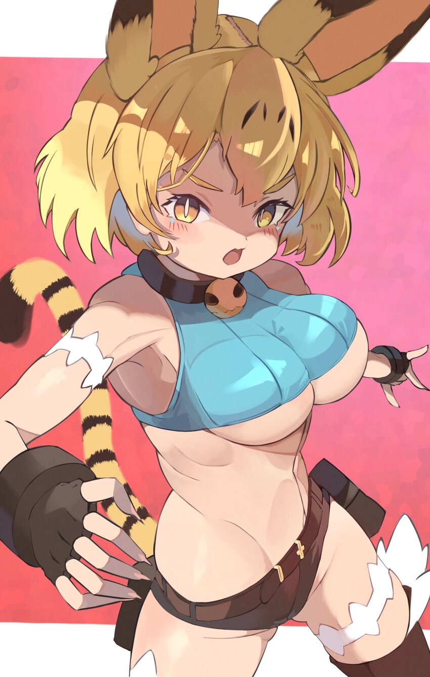 1girl, \m/, absurdres, animal_ears, bare_shoulders, belt, belt_pouch, black_choker, black_gloves, black_leggings, blonde_hair, blue_shirt, blush, breasts, brown_belt, cat_ears, cat_tail, choker, commentary, cosplay, cowboy_shot, crop_top, detached_leggings, extra_ears, fingerless_gloves, fingernails, gloves, gradient_background, hair_between_eyes, highres, kemono_friends, large_breasts, leggings, looking_at_viewer, midriff, ms._fortune_(skullgirls), ms._fortune_(skullgirls)_(cosplay), open_mouth, osnmykk, pink_background, pink_nails, pouch, red_background, scar, serval_(kemono_friends), sharp_fingernails, shirt, short_hair, short_shorts, shorts, simple_background, skindentation, skullgirls, sleeveless, sleeveless_shirt, slit_pupils, solo, tail, underboob, v-shaped_eyebrows, yellow_eyes