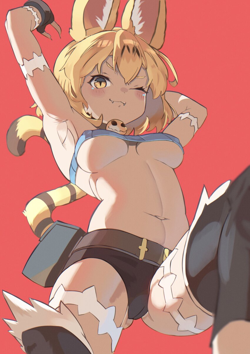 1girl, :3, absurdres, animal_ears, armpits, arms_up, bare_shoulders, belt, belt_pouch, black_gloves, black_leggings, blonde_hair, blue_shirt, blush, breasts, brown_belt, cat_ears, cat_tail, commentary, cosplay, covered_erect_nipples, crop_top, detached_leggings, extra_ears, fangs, fangs_out, fingerless_gloves, fingernails, foot_out_of_frame, gloves, hair_between_eyes, highres, kemono_friends, leggings, looking_at_viewer, medium_breasts, midriff, ms._fortune_(skullgirls), ms._fortune_(skullgirls)_(cosplay), navel, one_eye_closed, osnmykk, pouch, red_background, scar, serval_(kemono_friends), sharp_fingernails, shirt, short_hair, short_shorts, shorts, simple_background, skullgirls, sleeveless, sleeveless_shirt, slit_pupils, smile, solo, tail, underboob, v-shaped_eyebrows, yellow_eyes
