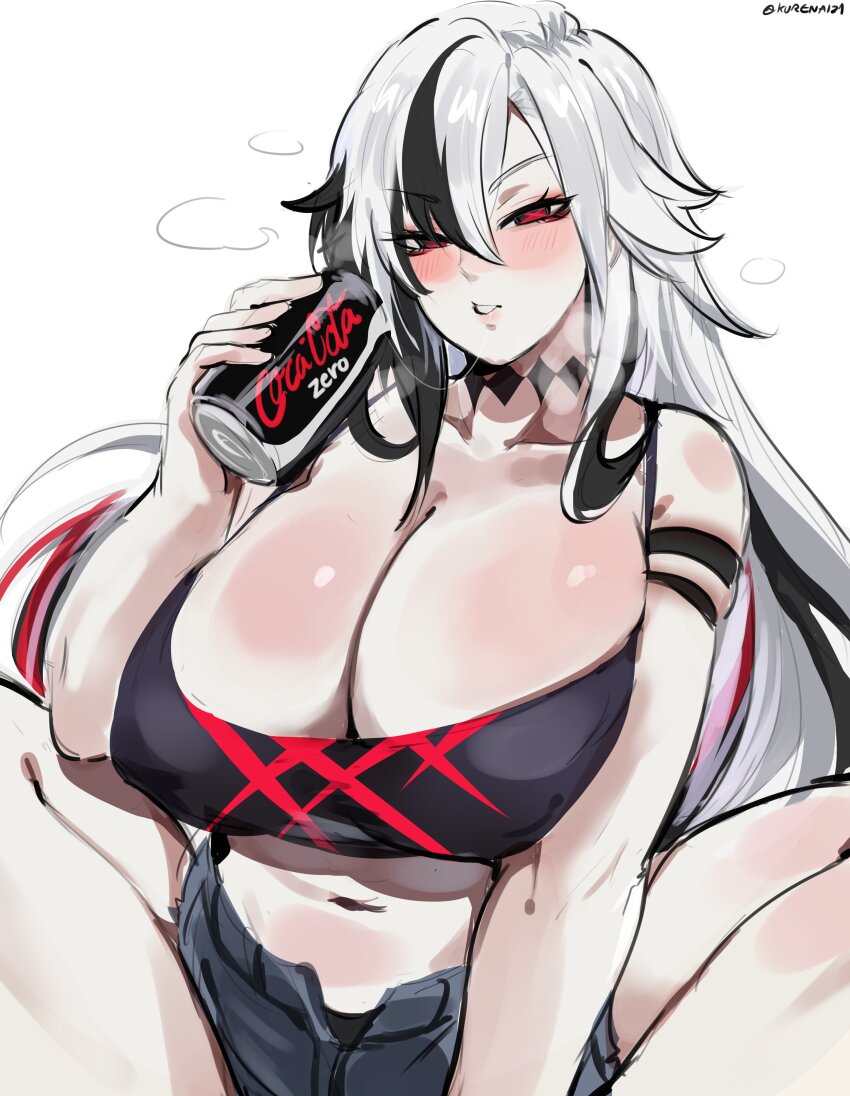 1girl, absurdres, alternate_breast_size_(larger), alternate_hair_length, alternate_hairstyle, arlecchino_(genshin_impact), arm_strap, black_camisole, black_choker, black_eyes, black_hair, breasts, camisole, choker, cleavage, coca-cola, coca-cola_zero, commentary, crop_top, cross-shaped_pupils, genshin_impact, grey_hair, hair_between_eyes, highres, huge_breasts, indian_style, kurenaiz_(kuayrenaiz), long_hair, multicolored_hair, navel, open_fly, plump, red_hair, short_shorts, shorts, sitting, skindentation, solo, symbol-shaped_pupils, twitter_username