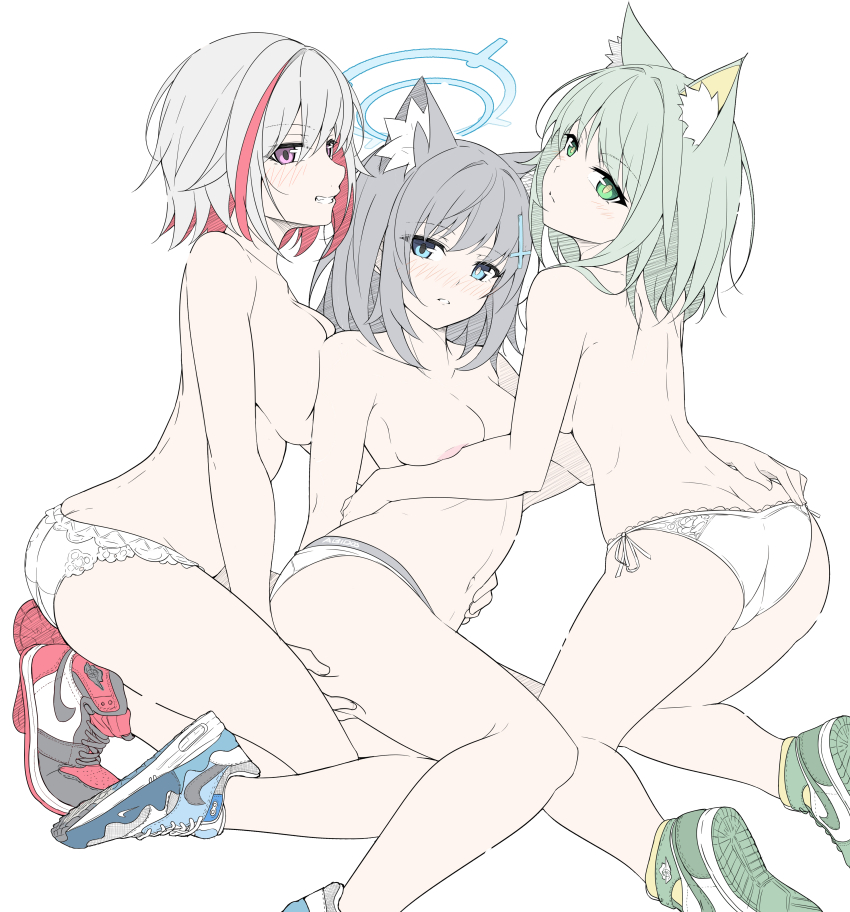 3girls, absurdres, air_jordan_1, animal_ear_fluff, animal_ears, arknights, ass, bare_shoulders, blue_archive, blue_eyes, breasts, butt_crack, cat_ears, commentary, cross_hair_ornament, extra_ears, green_eyes, green_hair, grey_hair, hair_ornament, halo, highres, honkai:_star_rail, honkai_(series), kal'tsit_(arknights), large_breasts, looking_at_viewer, medium_breasts, medium_hair, mismatched_pupils, multicolored_hair, multiple_girls, nike_(company), panties, purple_eyes, red_hair, shiroko_(blue_archive), shoes, short_hair, simple_background, sneakers, streaked_hair, untranslatable_commentary, t1kosewad, topaz_(honkai:_star_rail), topless_female, underwear, underwear_only, white_background, white_hair, wolf_ears