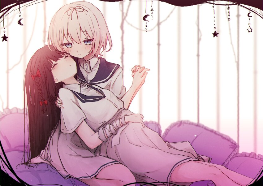 2girls, abstract_background, bandaged_arm, bandages, black_hair, black_ribbon, bloom, blue_eyes