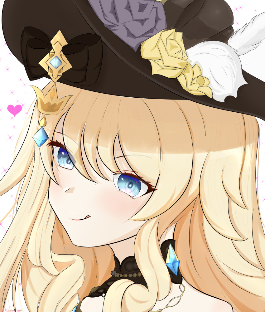 1girl, absurdres, black_headwear, blonde_hair, blue_eyes, blue_pupils, blush, genshin_impact