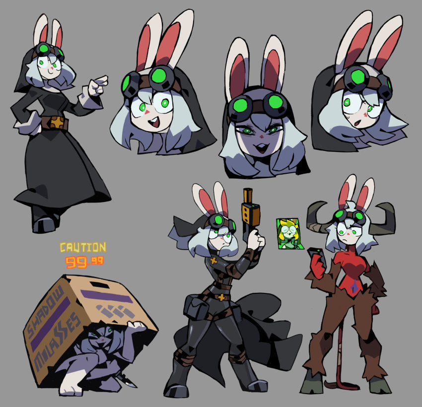 2girls, belt, black_dress, box, bright_pupils, brown_belt, cardboard_box, dress, goggles, goggles_on_head, green_eyes, grey_background, grey_hair, gun, hand_on_own_hip, highres, holding, holding_gun, holding_knife, holding_phone, holding_weapon, horns, knife, long_sleeves, looking_at_viewer, multiple_girls, multiple_views, niking, nun, open_mouth, original, phone, rabbit_girl, shadow, simple_background, smile, sneaky_bun_(niking), solo_focus, weapon, white_pupils
