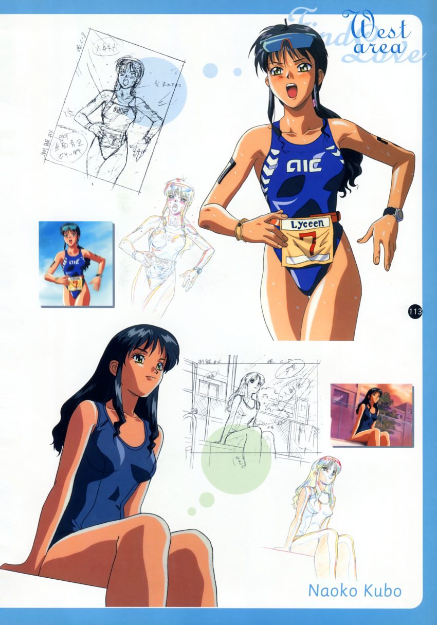 1990s_(style), 1girl, black_hair, blue_one-piece_swimsuit, bracelet, character_name, clothes_writing, company_name, competition_swimsuit, copyright_name, highres, jewelry, kubo_naoko, long_hair, multiple_views, non-web_source, official_art, one-piece_swimsuit, open_mouth, page_number, retro_artstyle, sitting, sketch, swimsuit, watch, wet, wristwatch, yamada_masaki, yellow_eyes, zenkoku_seifuku_bishoujo_grand_prix