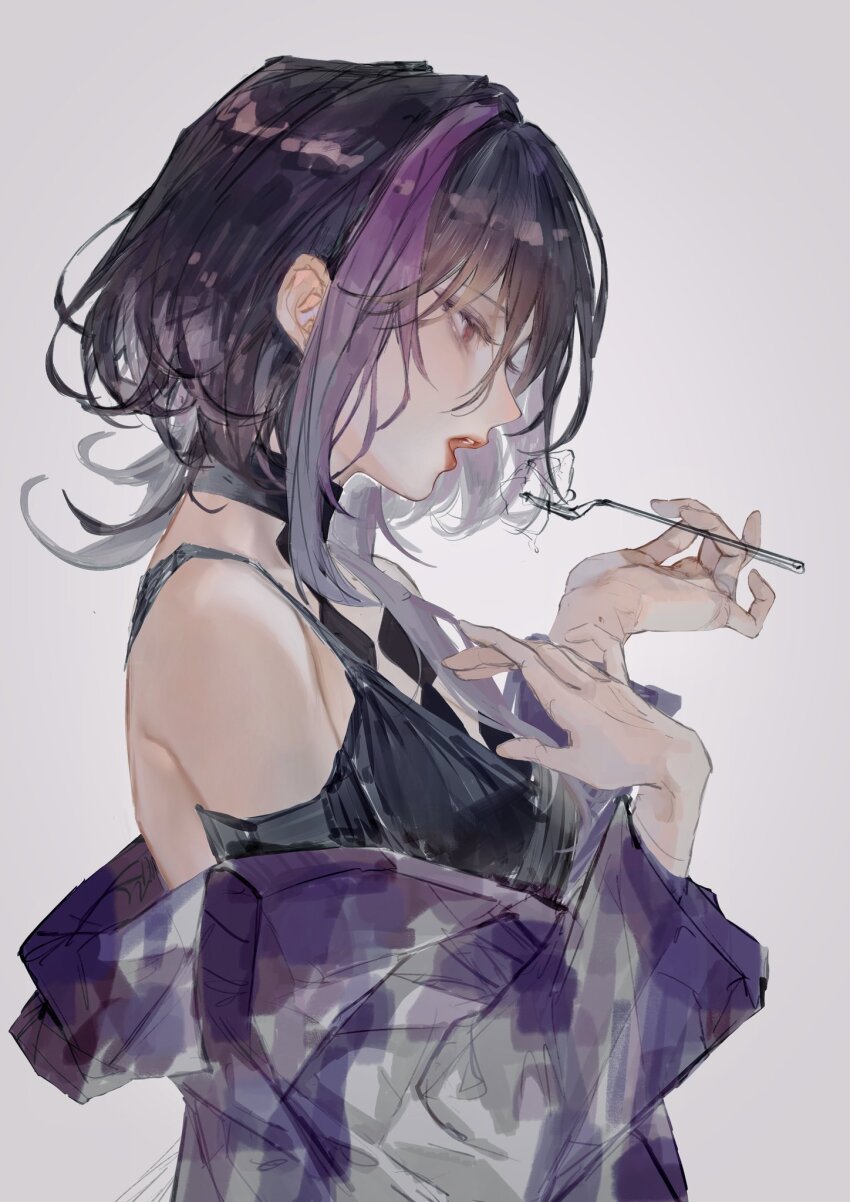 1girl, black_dress, black_hair, brown_eyes, colorized, dress, eating, fork