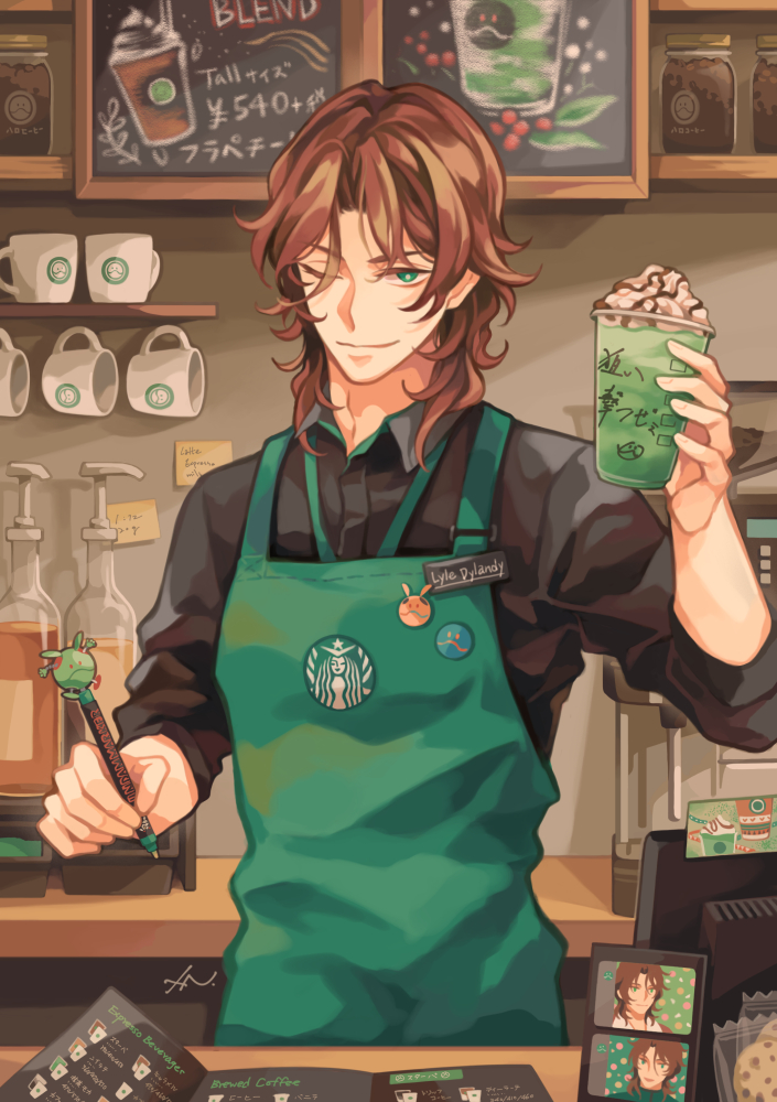 1boy, alternate_costume, apron, artist_name, barista, black_shirt, brown_hair, chalkboard