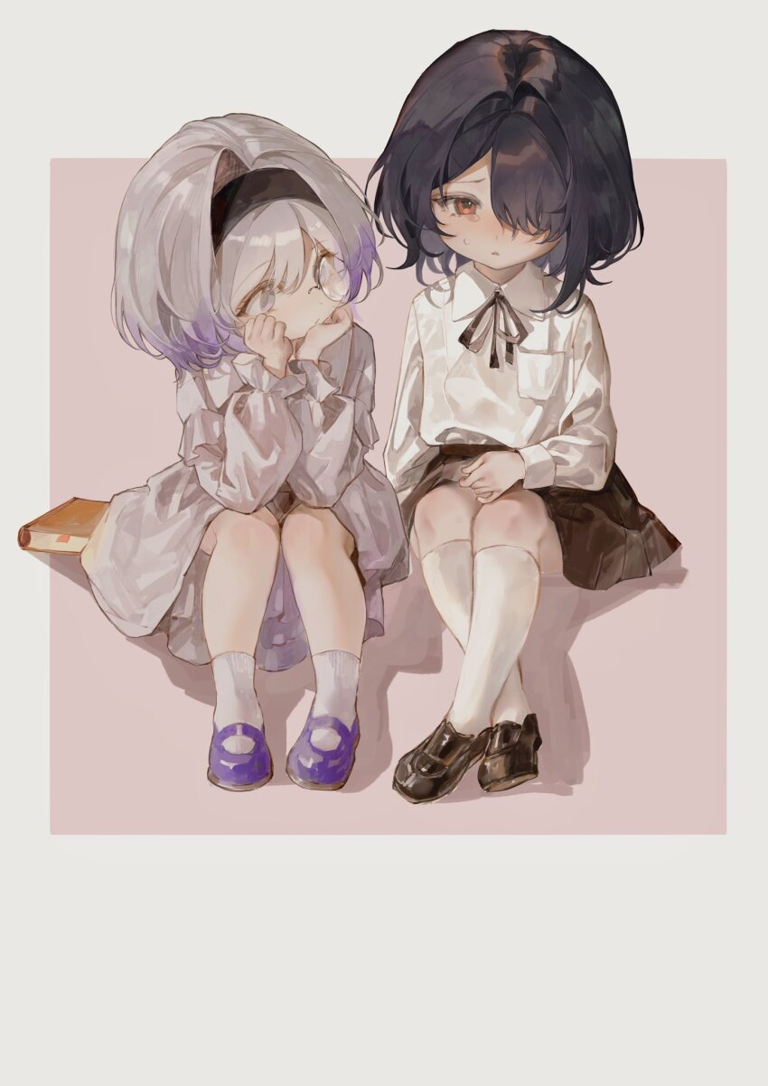 2girls, black_footwear, black_hair, black_hairband, black_ribbon, black_skirt, book, child, closed_mouth, dress, dreya_(path_to_nowhere), giraffe_three, glasses, grey_dress, grey_eyes, grey_hair, hair_between_eyes, hair_over_one_eye, hairband, highres, long_sleeves, looking_at_another, multicolored_hair, multiple_girls, parted_lips, path_to_nowhere, purple_hair, purple_shirt, red_eyes, ribbon, shadow, shirt, short_hair, simple_background, sitting, skirt, streaked_hair, teardrop, tears, thighhighs, two-tone_hair, uni_(path_to_nowhere), white_shirt, white_thighhighs