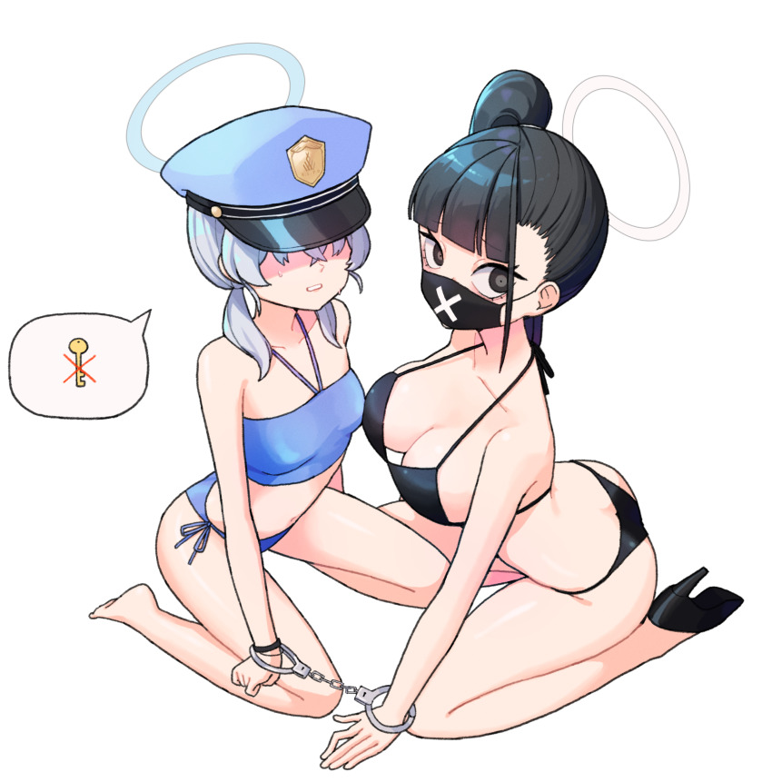 28_(282teeth), 2girls, absurdres, bandeau, bare_legs, bikini, black_bikini, black_hair, black_mask, blue_archive, blue_bandeau, blue_bikini, blue_hair, blunt_bangs, breasts, cleavage, collarbone, hair_over_eyes, halo, halterneck, hat, high_heels, highres, large_breasts, light_blue_hair, looking_at_viewer, mask, mouth_mask, multiple_girls, peaked_cap, shared_handcuffs, side_ponytail, simple_background, small_breasts, speech_bubble, string_bikini, sukeban_(smg)_(blue_archive), swimsuit, twintails, valkyrie_police_academy_student_(sg)_(blue_archive), white_background, x_(symbol)