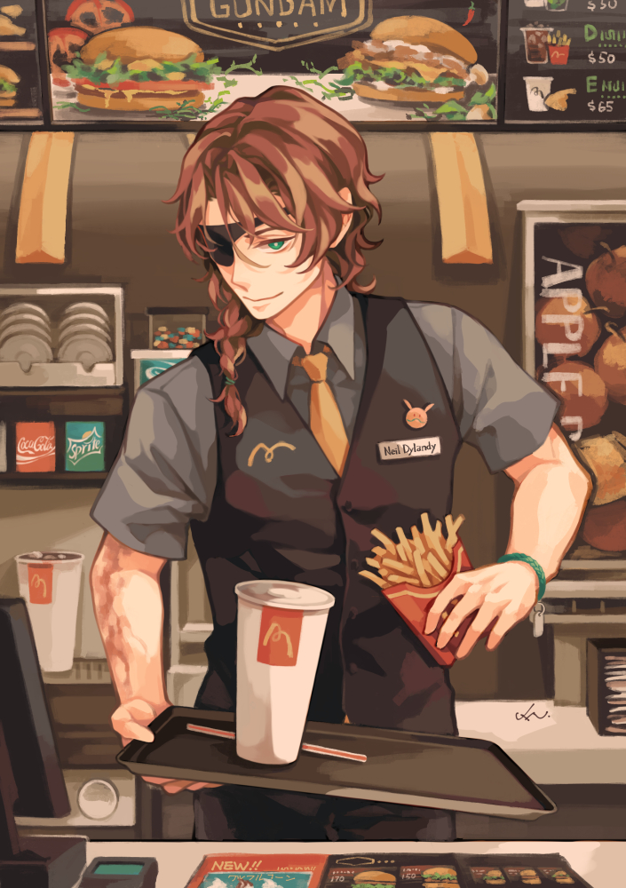 1boy, alternate_costume, artist_name, black_pants, black_vest, bracelet, braid, brown_hair