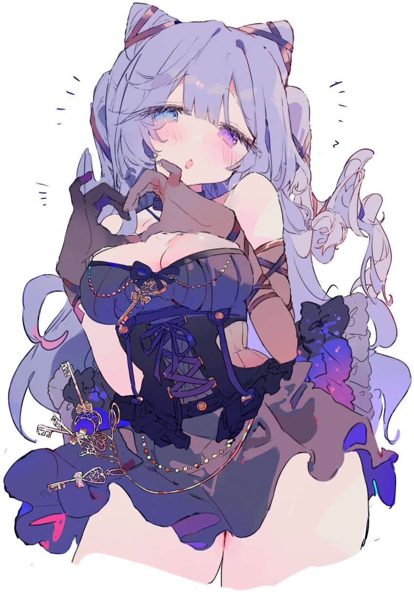 1girl, :o, bare_shoulders, black_dress, black_gloves, blue_eyes, blush, bow, breasts, bunchi, cleavage, cone_hair_bun, corset, cropped_legs, double_bun, dress, elbow_gloves, frilled_dress, frills, gloves, hair_bun, head_tilt, heart, heart_hands, heterochromia, highres, large_breasts, long_hair, looking_at_viewer, medium_breasts, open_mouth, otogi_nemu, parted_lips, purple_eyes, purple_hair, re:act, ribbon, simple_background, solo, strapless, strapless_dress, thighs, virtual_youtuber, white_background