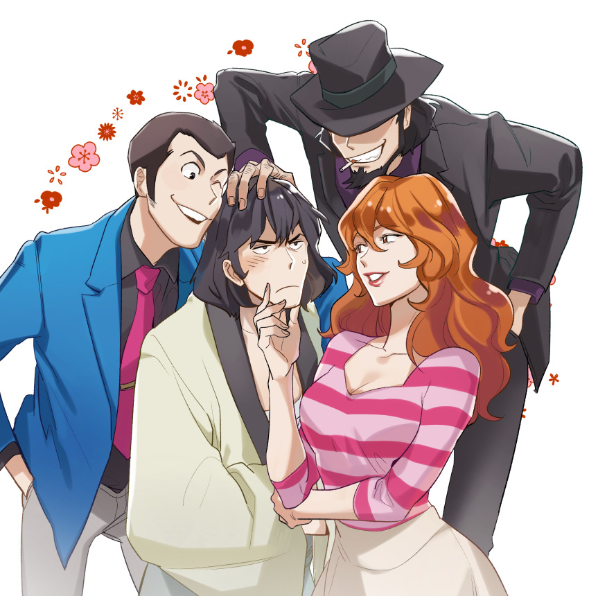 1girl, 3boys, arsene_lupin_iii, beard, black_hair, black_jacket, black_pants, black_shirt
